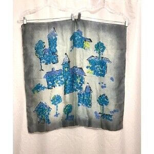 Vintage Womens Silk Scarf Gray Blue Village Motifs Church 30"x30" Square